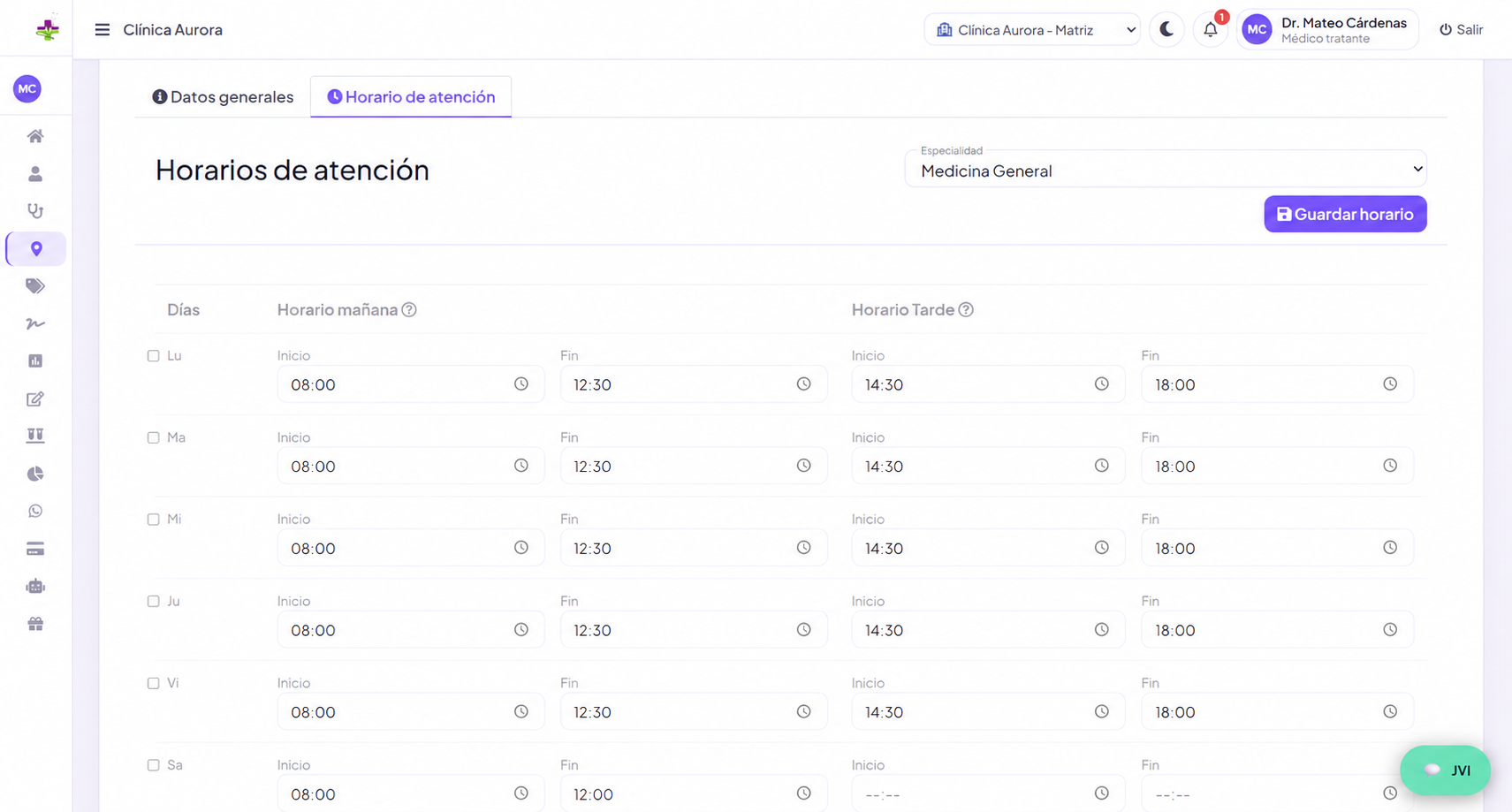 Configuración de horarios por especialidad y día