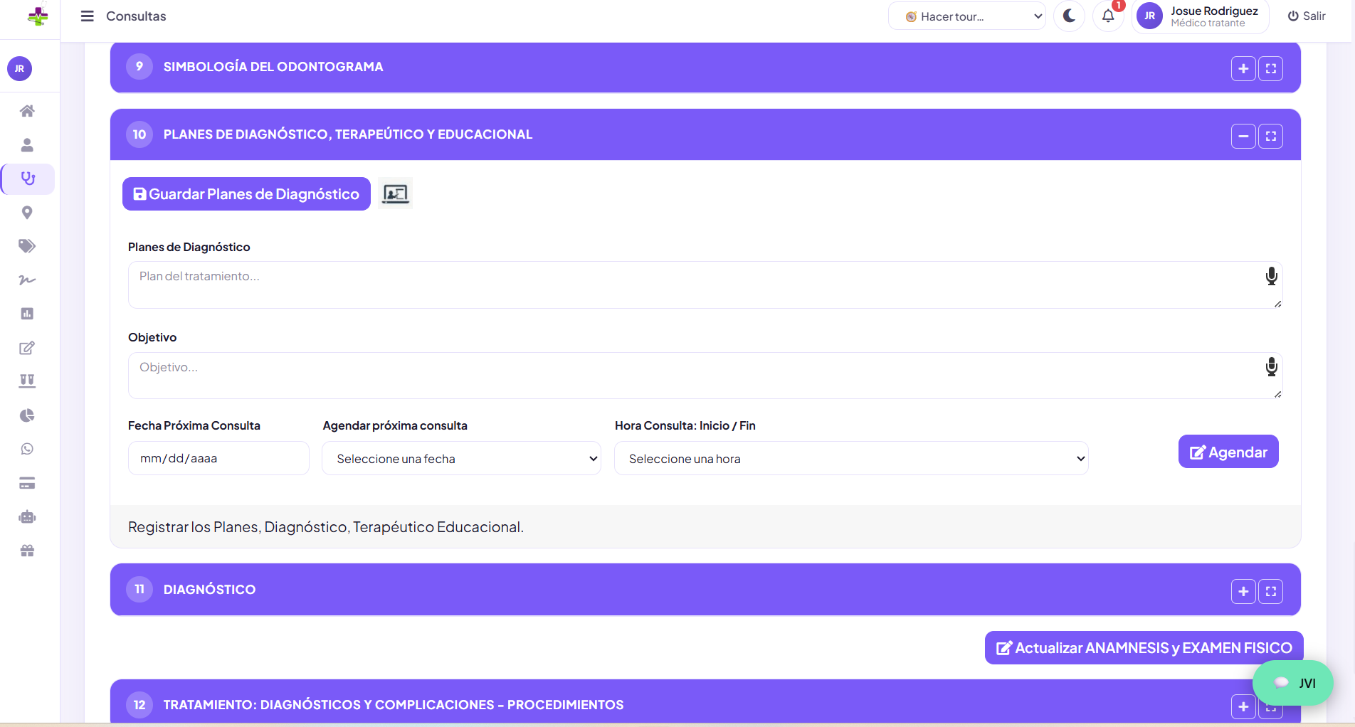Formulario de una consulta odontológica con datos ficticios