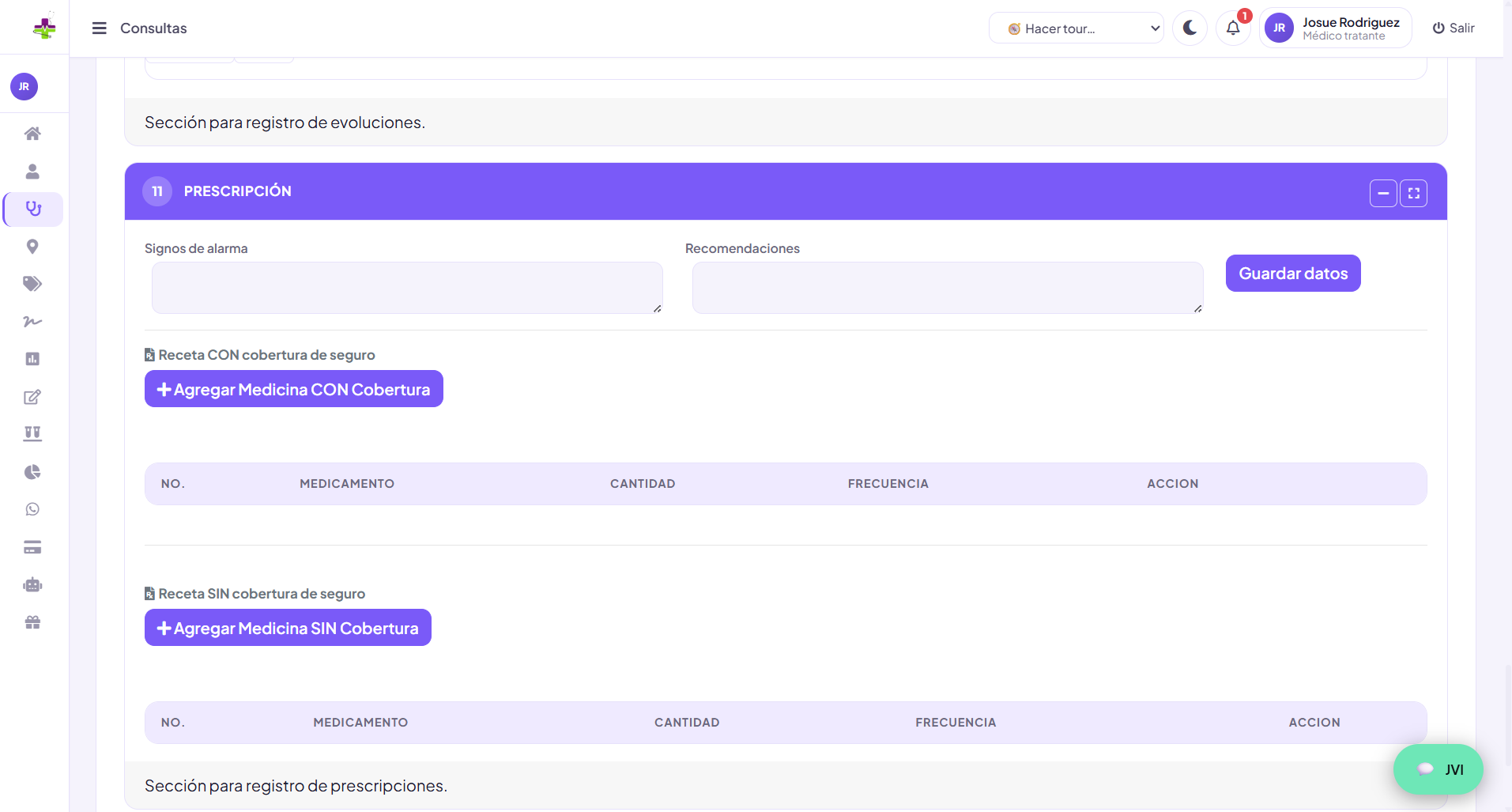 Prescripción y recomendaciones de una consulta con datos ficticios
