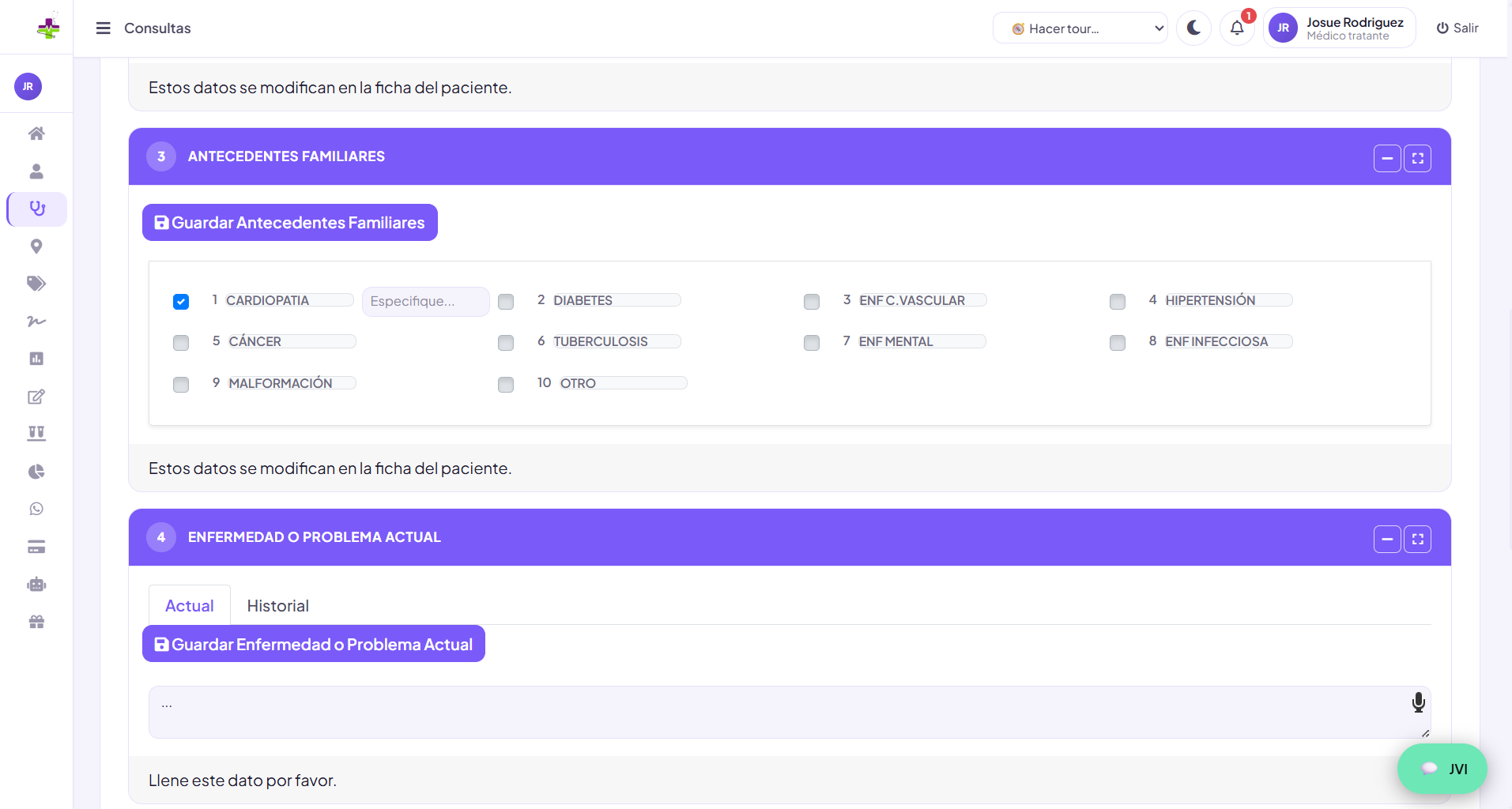 Diagnóstico y evolución de una consulta con datos ficticios