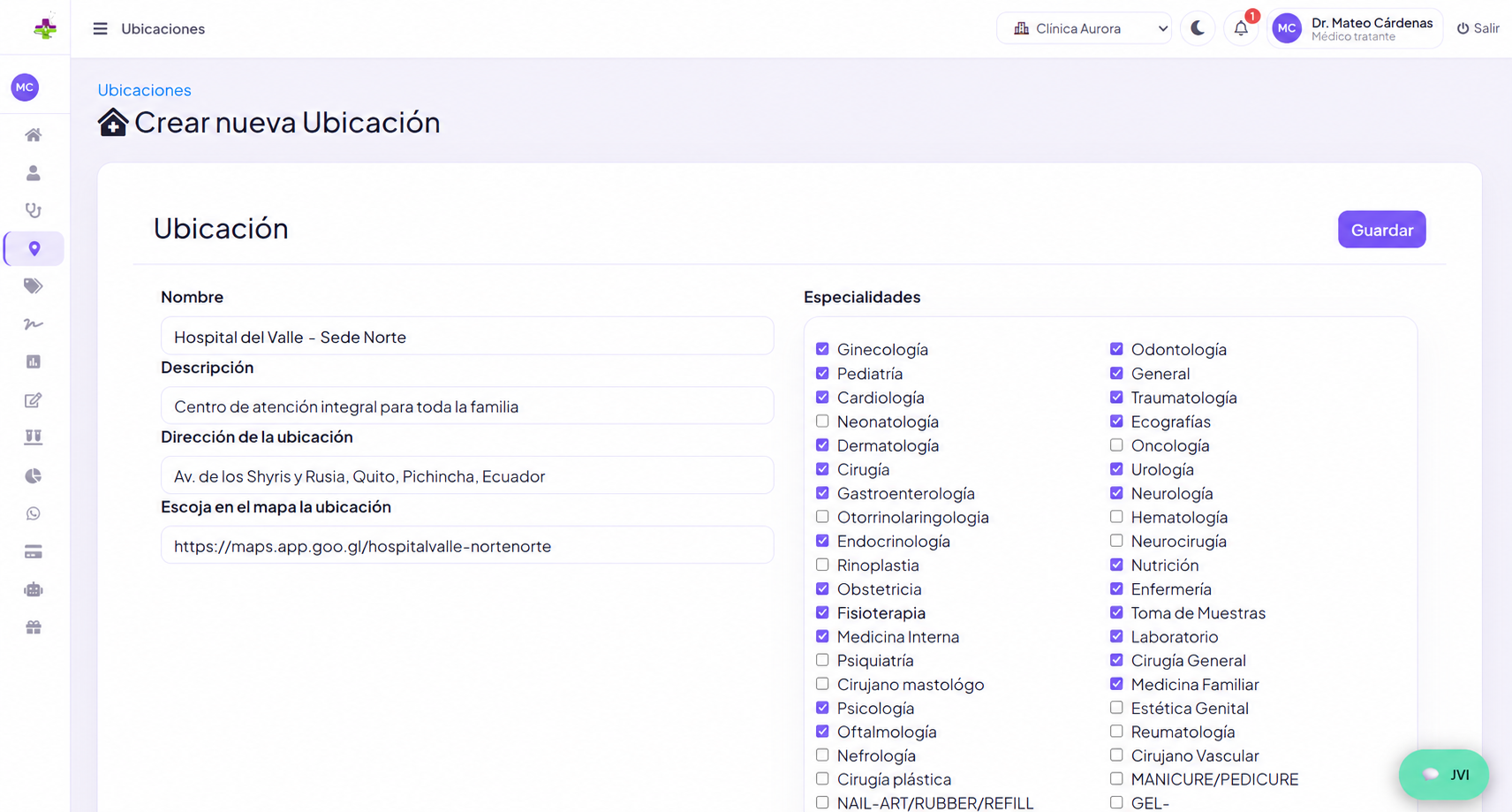 Formulario de Ubicación de hqsMEDIKAL con especialidades y botón Guardar