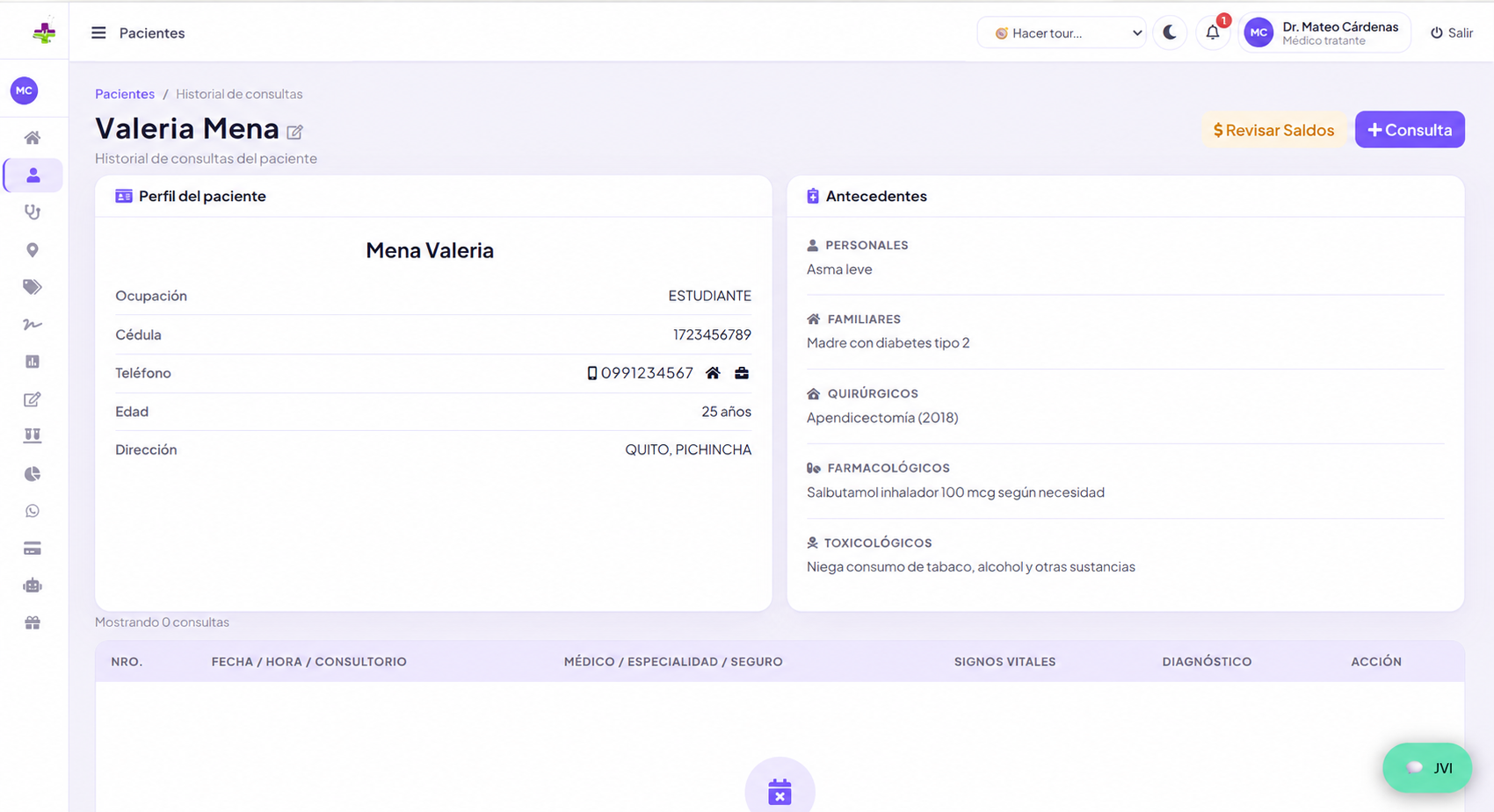 Ficha de paciente y consultas registradas con datos ficticios